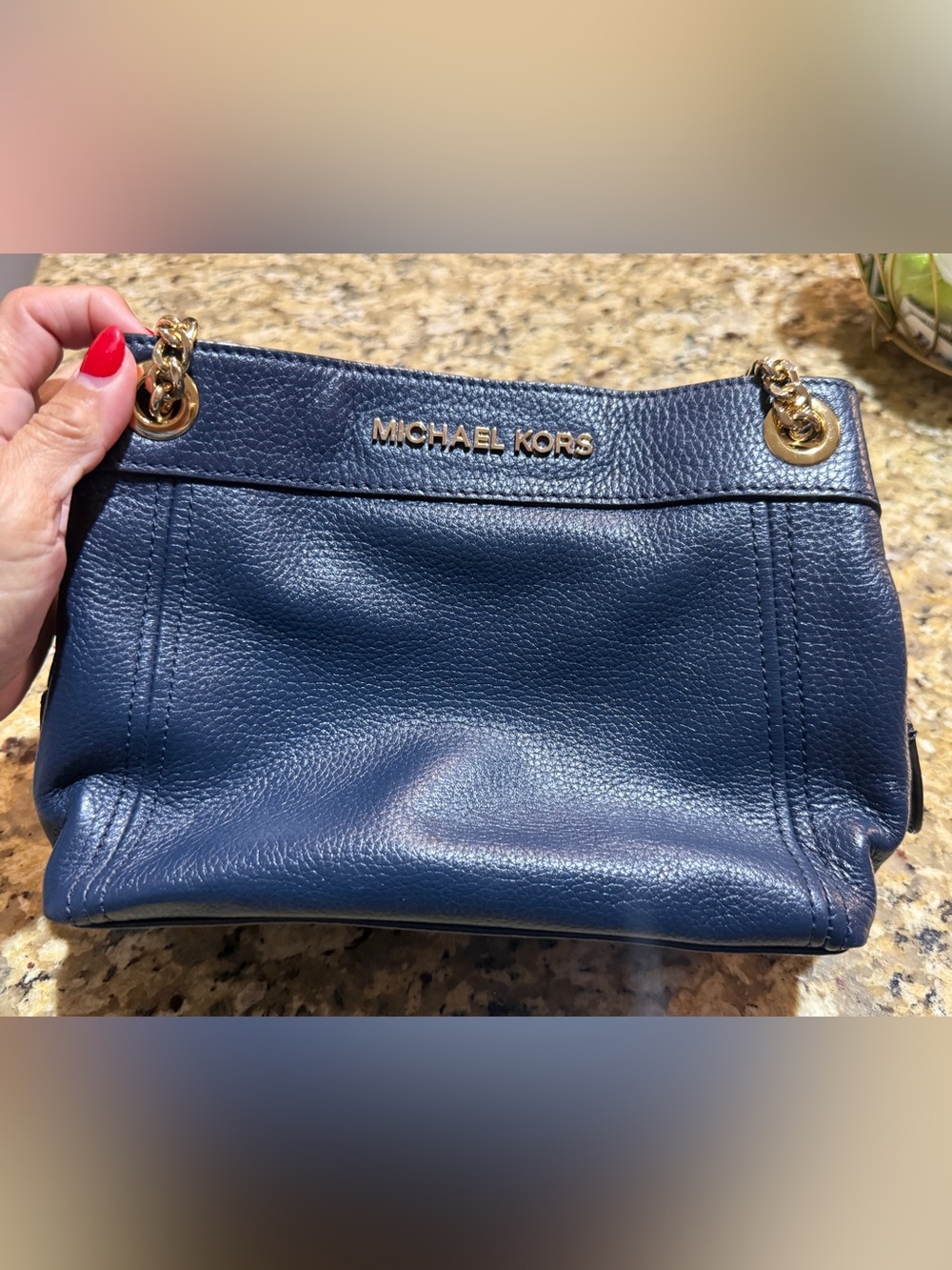 Michael Kors Blue Pebbled Leather Shoulder Bag with Gold Accent